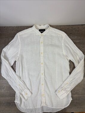 Massimo Dutti 100% Linen Mandarin Collar Button Front Shirt White Size Small